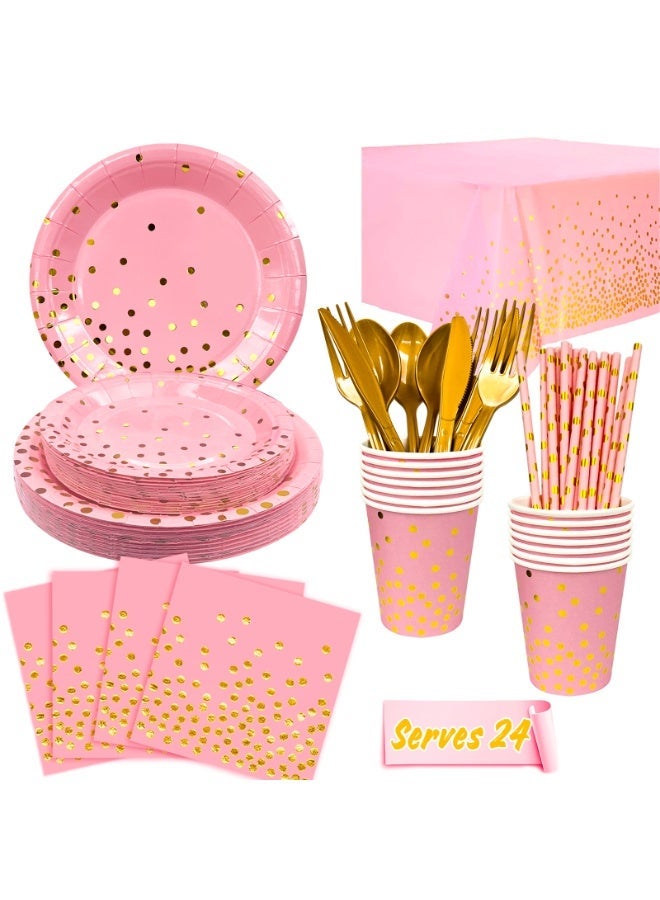 حفلة مثمرة أدوات مائدة وردية اللون يمكن التخلص منها لـ 24 ضيفًا، 193 قطعة مجموعة أدوات مائدة عيد ميلاد وردية وذهبية اللون زينة حفلات منقطة للتخرج، أعياد الميلاد، العطلات، حفلات الزفاف - Image 1