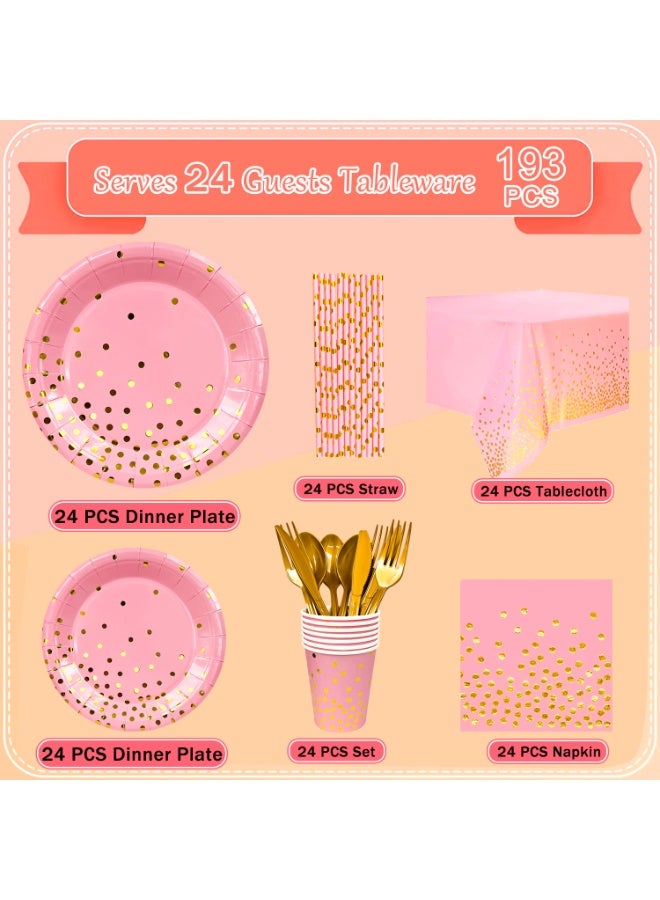 حفلة مثمرة أدوات مائدة وردية اللون يمكن التخلص منها لـ 24 ضيفًا، 193 قطعة مجموعة أدوات مائدة عيد ميلاد وردية وذهبية اللون زينة حفلات منقطة للتخرج، أعياد الميلاد، العطلات، حفلات الزفاف - Image 2