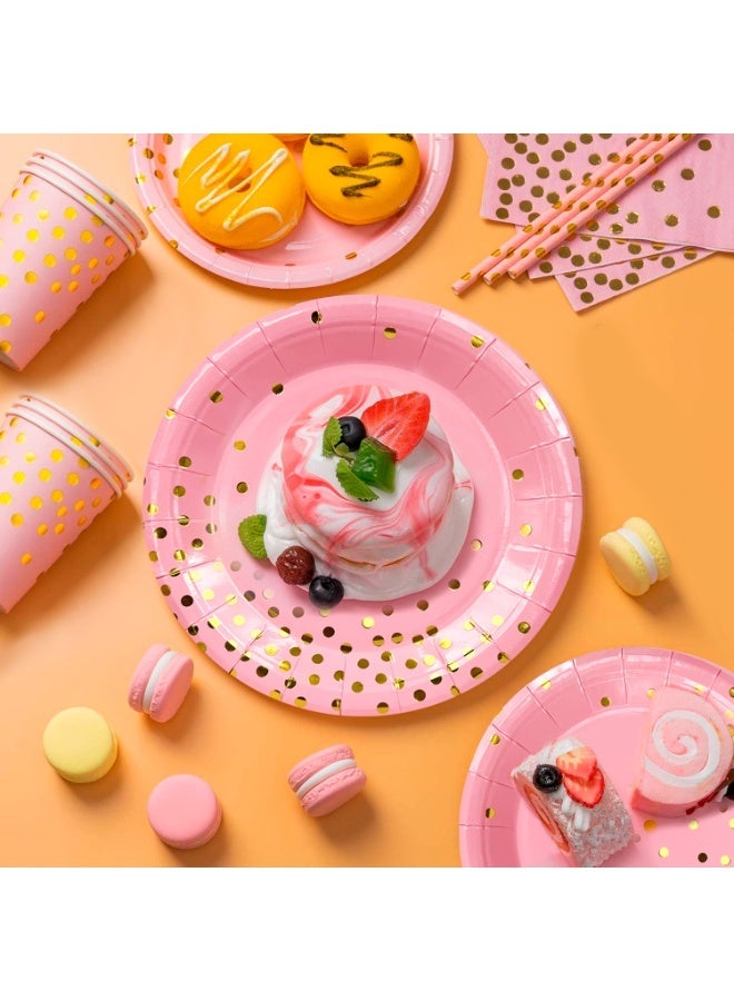 حفلة مثمرة أدوات مائدة وردية اللون يمكن التخلص منها لـ 24 ضيفًا، 193 قطعة مجموعة أدوات مائدة عيد ميلاد وردية وذهبية اللون زينة حفلات منقطة للتخرج، أعياد الميلاد، العطلات، حفلات الزفاف - Image 5