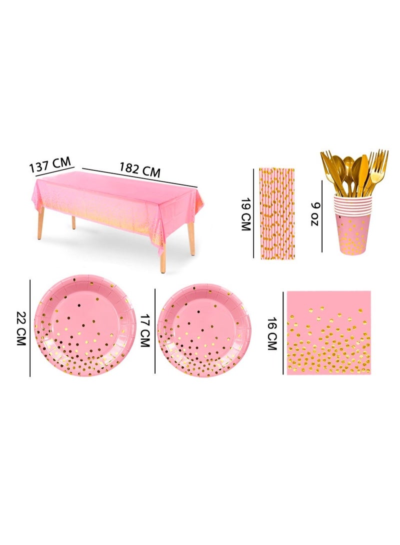 حفلة مثمرة أدوات مائدة وردية اللون يمكن التخلص منها لـ 24 ضيفًا، 193 قطعة مجموعة أدوات مائدة عيد ميلاد وردية وذهبية اللون زينة حفلات منقطة للتخرج، أعياد الميلاد، العطلات، حفلات الزفاف - Image 3