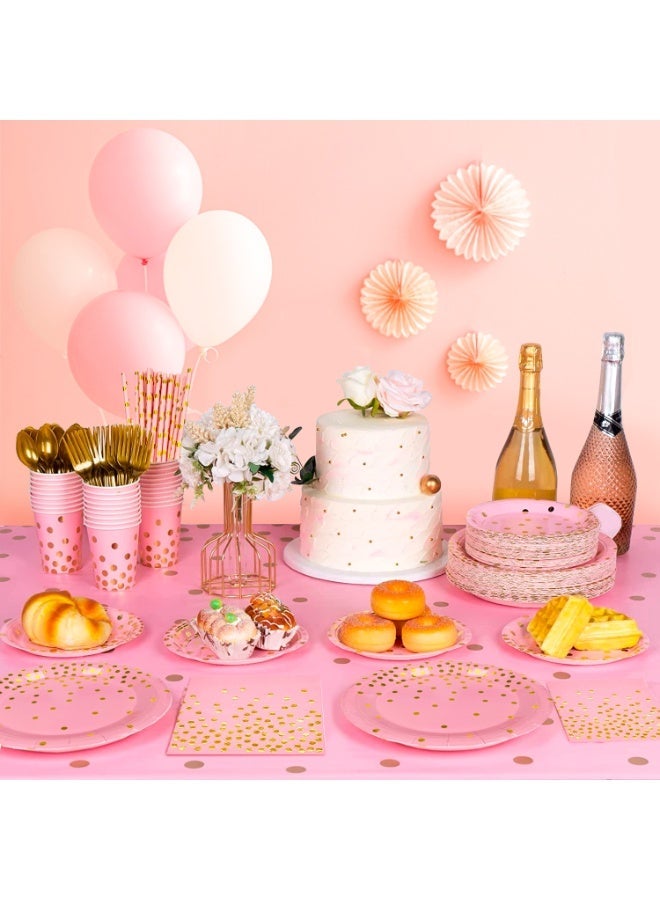 حفلة مثمرة أدوات مائدة وردية اللون يمكن التخلص منها لـ 24 ضيفًا، 193 قطعة مجموعة أدوات مائدة عيد ميلاد وردية وذهبية اللون زينة حفلات منقطة للتخرج، أعياد الميلاد، العطلات، حفلات الزفاف - Image 4