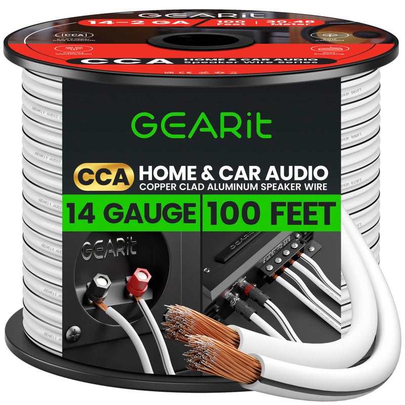 GearIT 14AWG Speaker Wire, GearIT Pro Series 14 AWG Gauge Speaker Wire Cable (100 Feet / 30.48 Meters) Great Use for Home Theater Speakers and Car Speakers White  - Image 1
