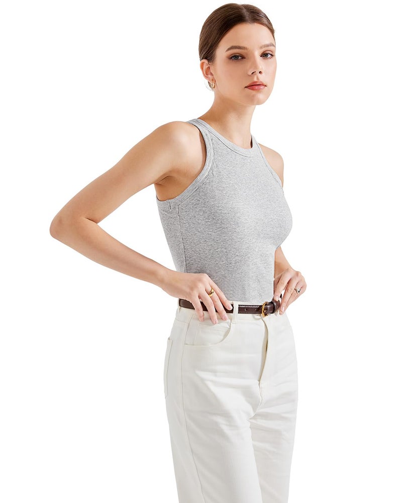SUUKSESS Women Padded Cotton Ribbed Tank Tops Sleeveless High Neck Racerback Basic Tops(Light Grey, XS) - Image 4