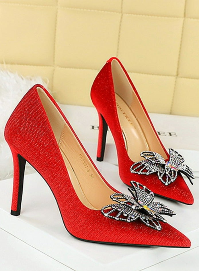 BIGTREE Women's Suede Closed Pointed Toe Stiletto Pump Rhinestone Bowknot Decoration High Heels Red 10CM - Image 2