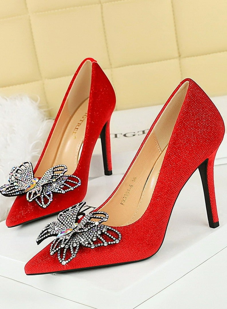 BIGTREE Women's Suede Closed Pointed Toe Stiletto Pump Rhinestone Bowknot Decoration High Heels Red 10CM - Image 1