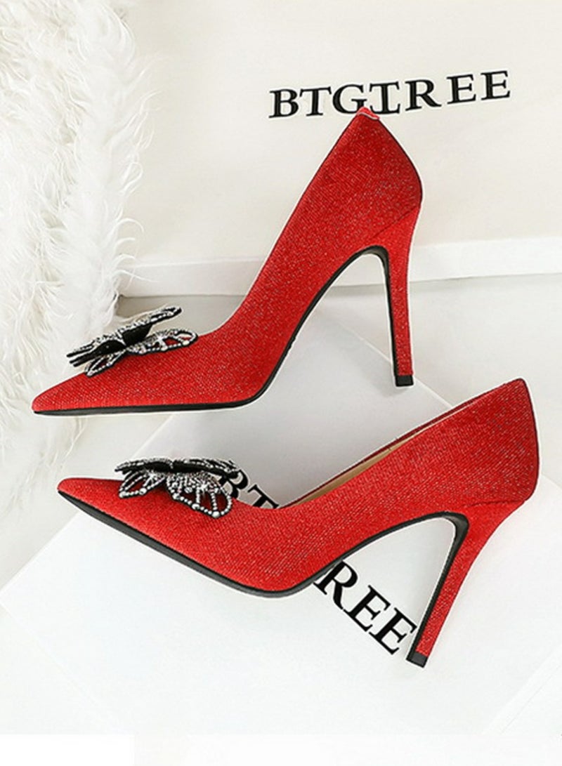 BIGTREE Women's Suede Closed Pointed Toe Stiletto Pump Rhinestone Bowknot Decoration High Heels Red 10CM - Image 3