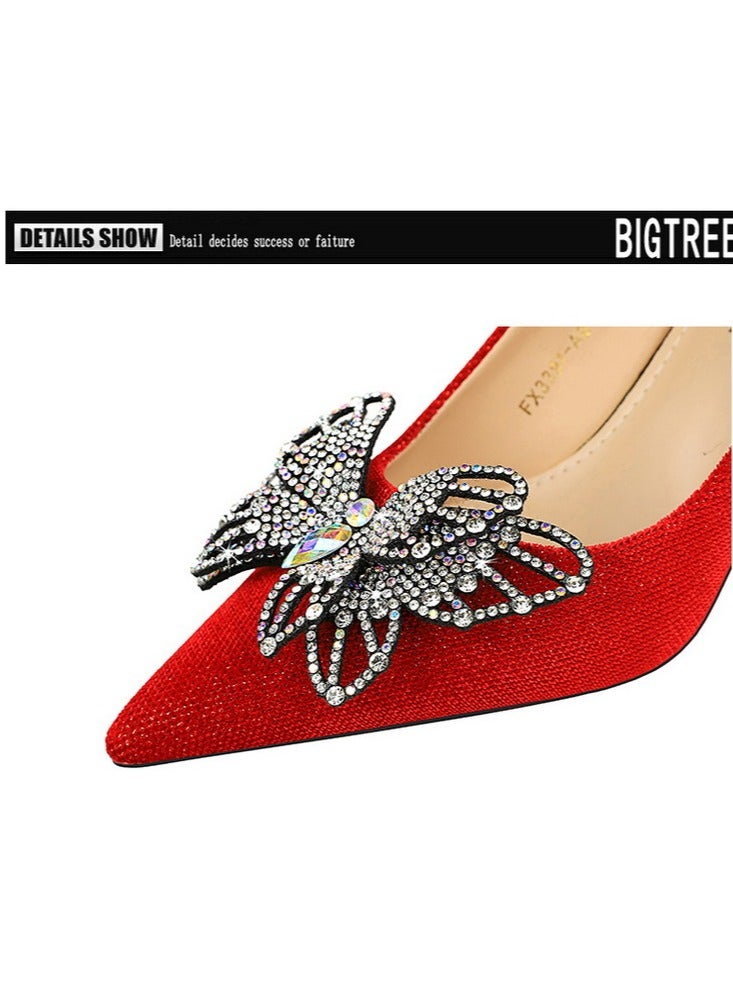 BIGTREE Women's Suede Closed Pointed Toe Stiletto Pump Rhinestone Bowknot Decoration High Heels Red 10CM - Image 4