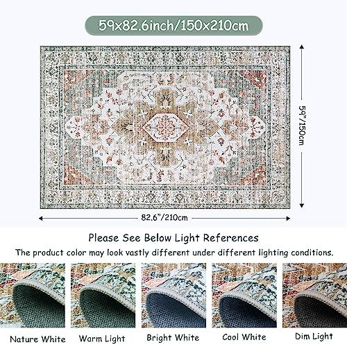 Moynesa Ultra-Thin Washable Vintage Area Rug - 5x7 Large Living Room Rug Boho Oriental Medallion Bedroom Mat Non-Slip Non-Shedding Dining Room Floor Carpet for Home Office, Teal/Mutil - Image 5