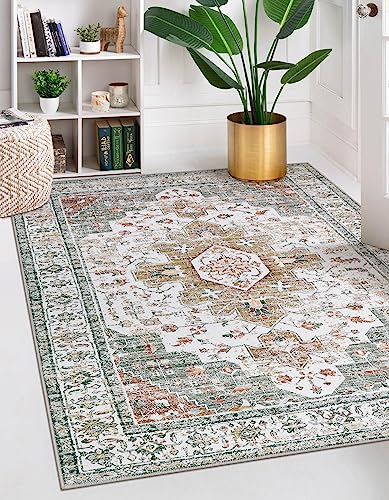 Moynesa Ultra-Thin Washable Vintage Area Rug - 5x7 Large Living Room Rug Boho Oriental Medallion Bedroom Mat Non-Slip Non-Shedding Dining Room Floor Carpet for Home Office, Teal/Mutil - Image 1