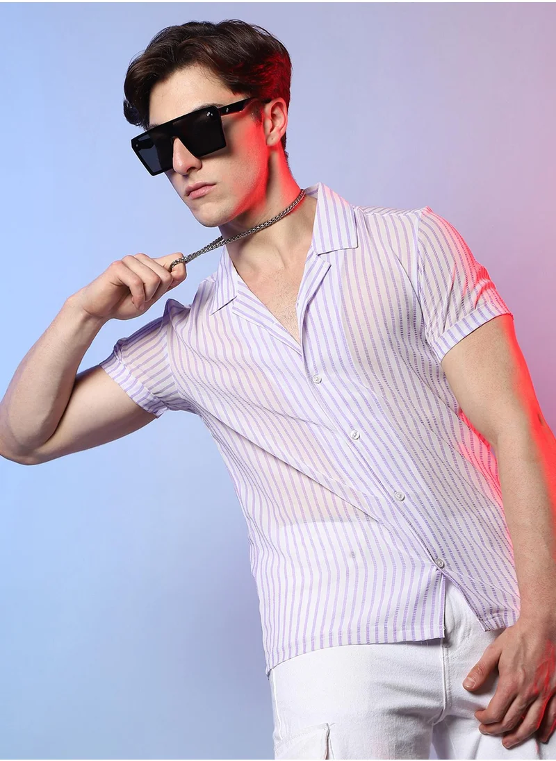 Campus Sutra Campus Sutra Men's White & Lavender Unbalanced Striped Shirt For Casual Wear | Spread Collar | Short Sleeve | Button Closure | Shirt Crafted With Comfort Fit For Everyday Wear