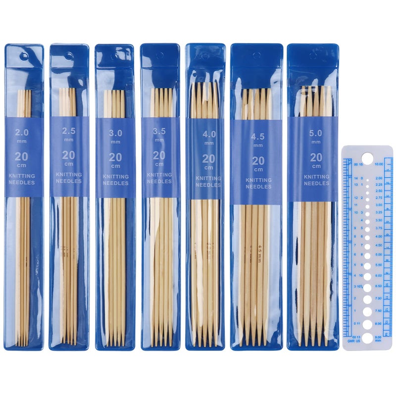 Coopay Short Double Pointed Knitting Needles Kit 20cm Bamboo Double Ended Needles 20mm to 50mm DPNs Knitting Pins Set for Beginner and Small Projects Sock Needles 35 Pack and Needle Gauge