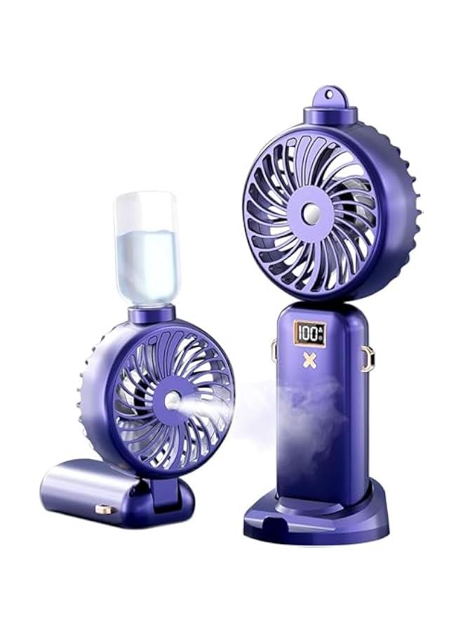 HOOKOR Durku Portable Handheld Misting Fan, Battery Operated Fan with Base, 8 Hours, Digital Display, 5 Speeds, 90° Foldable Cooling Fan, Rechargeable Mini Fan for Travel Camping Outdoor, Home (Purple) - Image 1