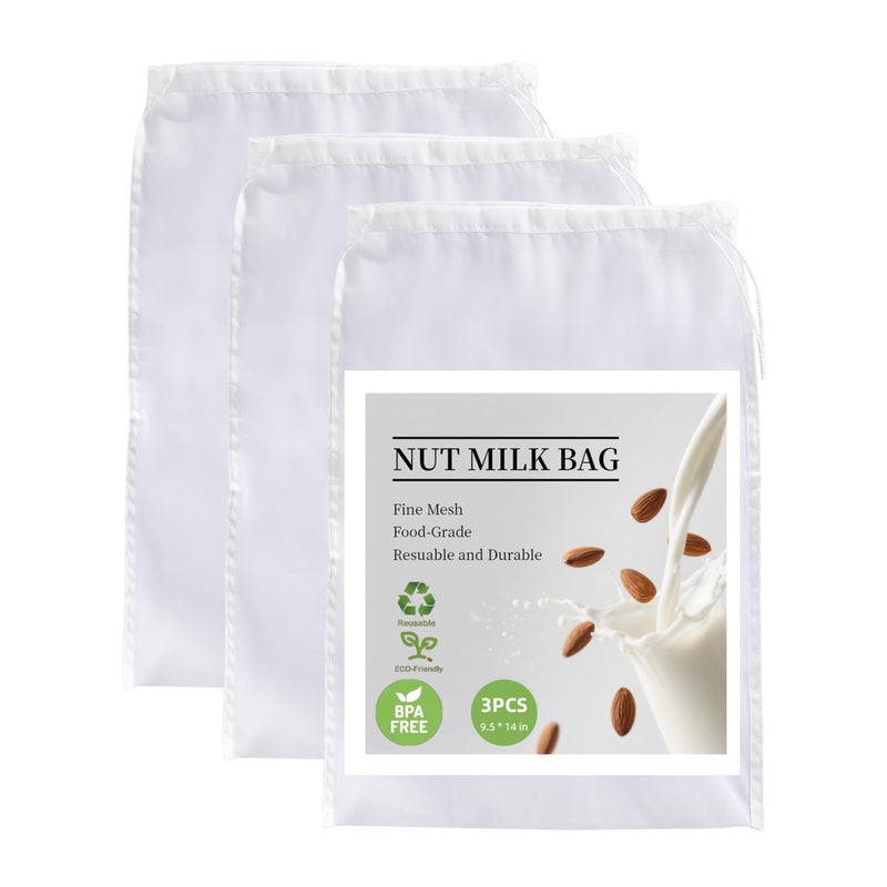 COKUMA 3 Pack Reusable Nut Milk Bag, Food-Grade Nylon Cheese Cloth Bag for Straining, Strong Fine Mesh Strainer Bags with Drawstring for Nut Milk, Cold Brew Coffee, Greek Yogurt, Tea and Juice, 9.5"x14" - Image 1