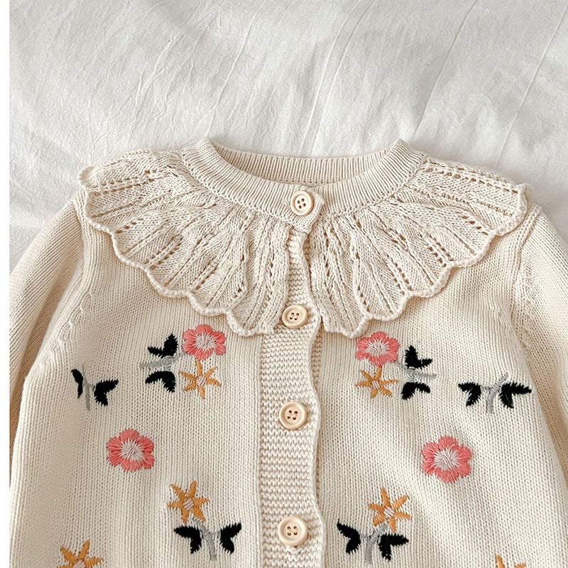 All-Matching Baby Girls' Flower Embroidered Lotus Collar Knitted Cotton Long-Sleeved Cardigan Coat Children'S Clothing - Image 3