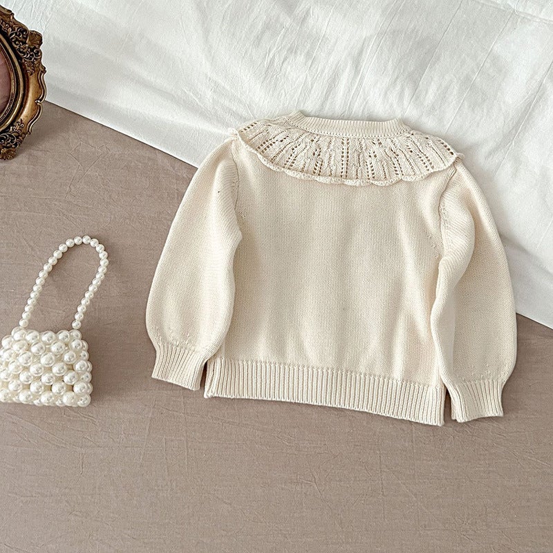 All-Matching Baby Girls' Flower Embroidered Lotus Collar Knitted Cotton Long-Sleeved Cardigan Coat Children'S Clothing - Image 5