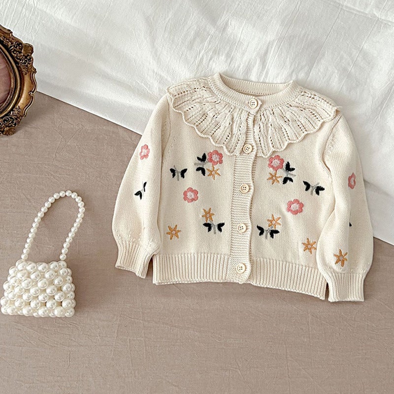 All-Matching Baby Girls' Flower Embroidered Lotus Collar Knitted Cotton Long-Sleeved Cardigan Coat Children'S Clothing - Image 2