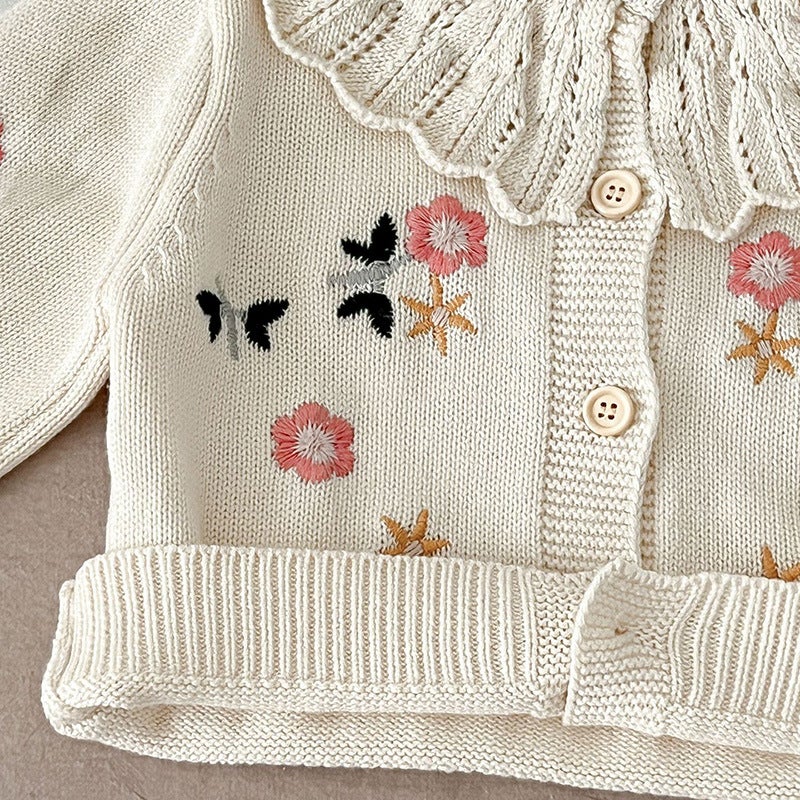 All-Matching Baby Girls' Flower Embroidered Lotus Collar Knitted Cotton Long-Sleeved Cardigan Coat Children'S Clothing - Image 4