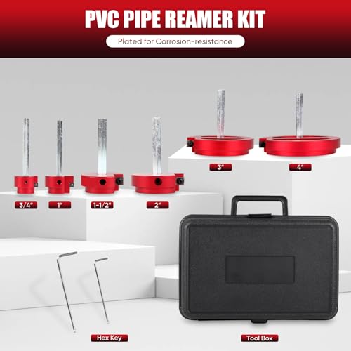 VAKPAT 6-Pcs PVC Pipe Reamer Set with 2 Carbide Square Cutting Blades Sizes: , 3/4”, 1“, 1-1/2“, 2”, 3“, 4” Aluminum Cutting Head For PVC, CPVC, or ABS Piping (Red) - Image 3