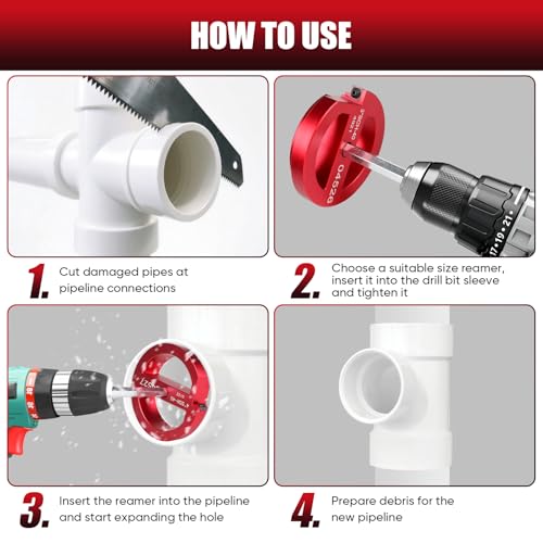 VAKPAT 6-Pcs PVC Pipe Reamer Set with 2 Carbide Square Cutting Blades Sizes: , 3/4”, 1“, 1-1/2“, 2”, 3“, 4” Aluminum Cutting Head For PVC, CPVC, or ABS Piping (Red) - Image 2