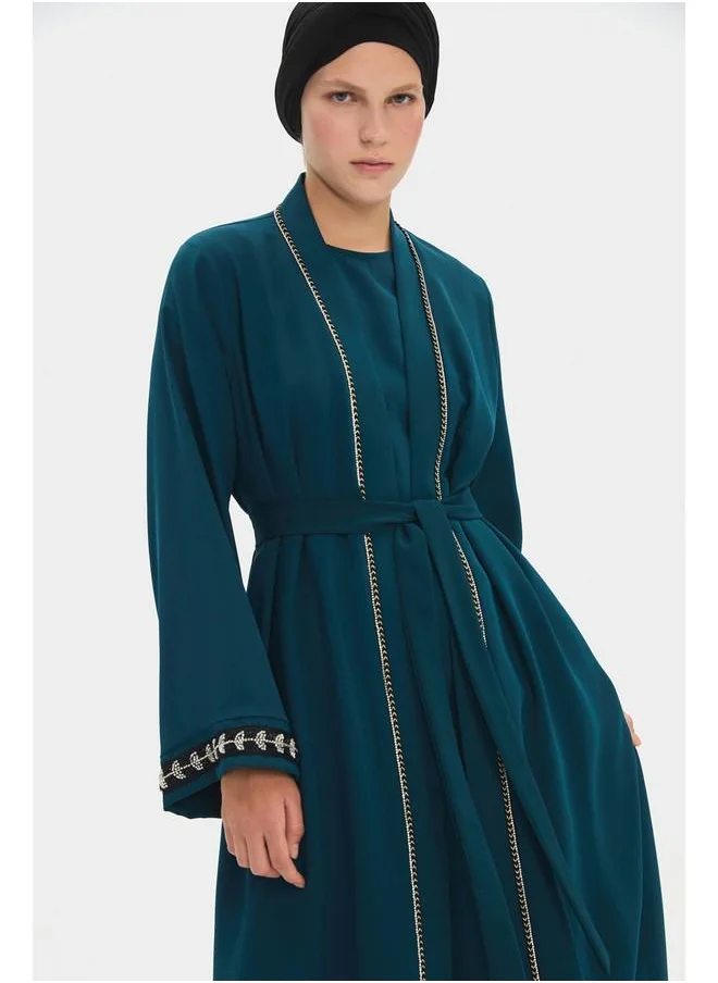 جون June Women Stoned Waist Tie Detailed Abaya Teal