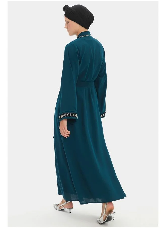 جون June Women Stoned Waist Tie Detailed Abaya Teal