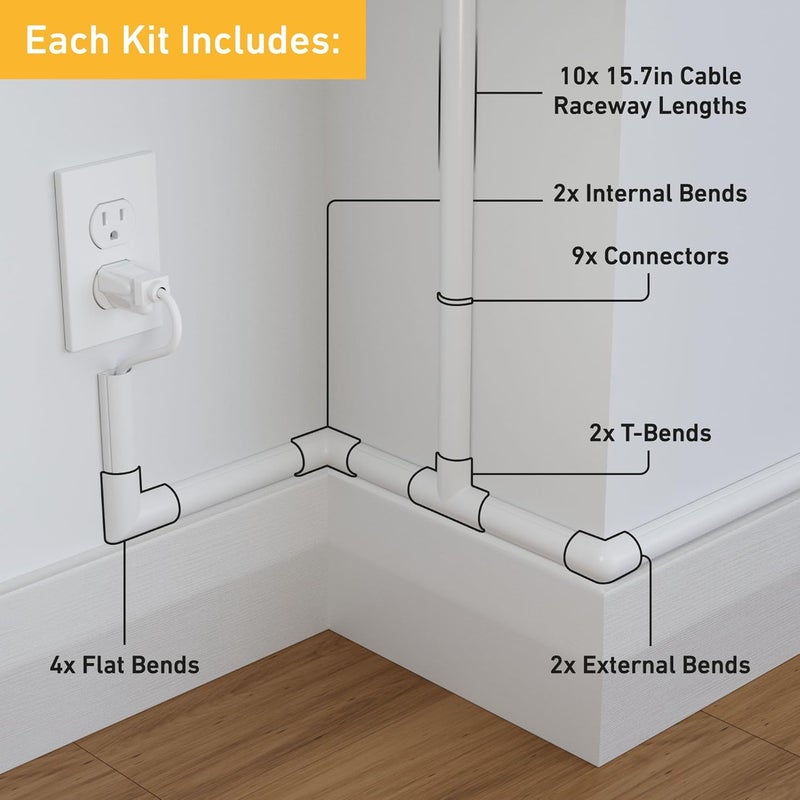 D-Line 157in Cord Cover Kit, Self-Adhesive Wire Hiders, Paintable Cable Raceway to Hide Wires on Wall, Electrical Cable Management - 10x 15.7 Lengths & 19 Accessories - 1.18" (W) x 0.59" (H) - White - Image 2