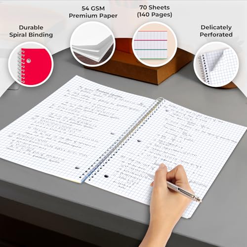 Rosmonde 1 Subject Graph Paper Spiral Notebook, 12 Pack, 70 Sheets (140 Pages), 8 x 10-1/2" Bulk 4x4 Spiral Bound Grid Notebooks, 3 Hole Punched Single Subject Quad Ruled Spiral Notebooks for School - Image 2
