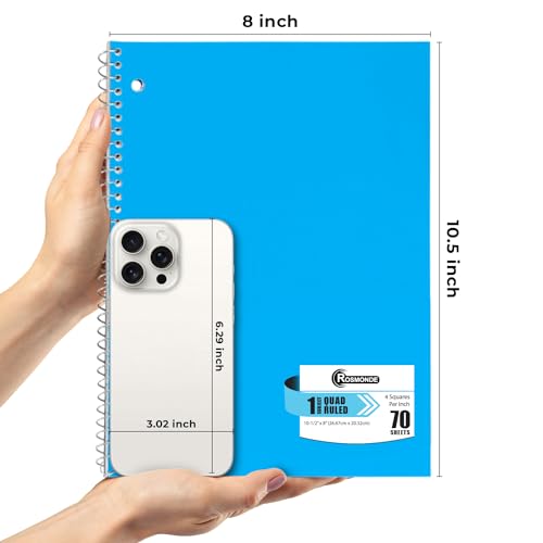 Rosmonde 1 Subject Graph Paper Spiral Notebook, 12 Pack, 70 Sheets (140 Pages), 8 x 10-1/2" Bulk 4x4 Spiral Bound Grid Notebooks, 3 Hole Punched Single Subject Quad Ruled Spiral Notebooks for School - Image 3