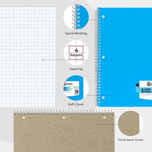 Rosmonde 1 Subject Graph Paper Spiral Notebook, 12 Pack, 70 Sheets (140 Pages), 8 x 10-1/2" Bulk 4x4 Spiral Bound Grid Notebooks, 3 Hole Punched Single Subject Quad Ruled Spiral Notebooks for School - Image 5