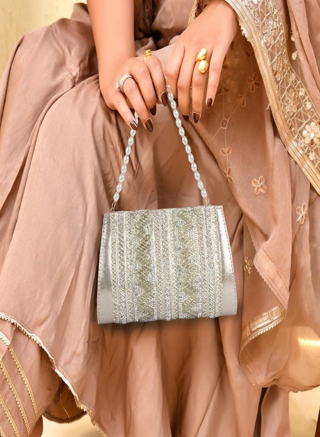 PLANX SILK Stylish Fancy Unique Designer Potli Bag - Embroidered Pearl Handle Festive Clutch - Image 3