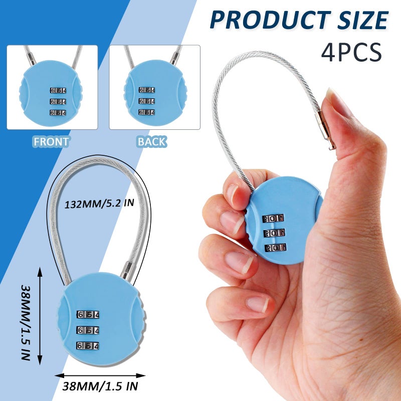 Litoexpe 4 Pcs Combination Lock, 3 Digit Outdoor Waterproof Padlock Code Lock Cable Luggage Locks for Backpack, Suitcase, Door (4 Colors) - Image 2