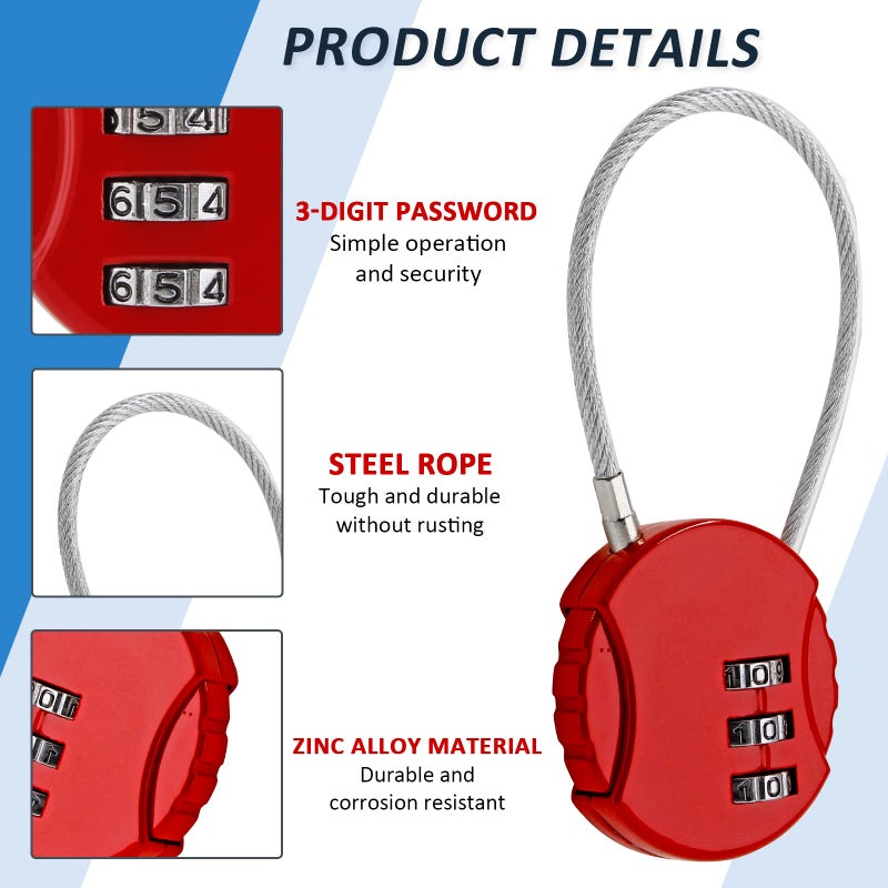 Litoexpe 4 Pcs Combination Lock, 3 Digit Outdoor Waterproof Padlock Code Lock Cable Luggage Locks for Backpack, Suitcase, Door (4 Colors) - Image 4