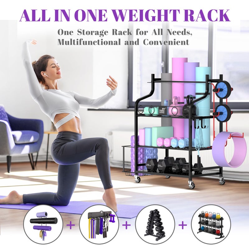Mythinglogic Yoga Mat Storage Racks for Home, Gym Rack for Dumbbells Kettlebells Foam Roller, Yoga Strap and Resistance Bands, Workout Equipment Organizer With Hooks and Wheels - Image 2