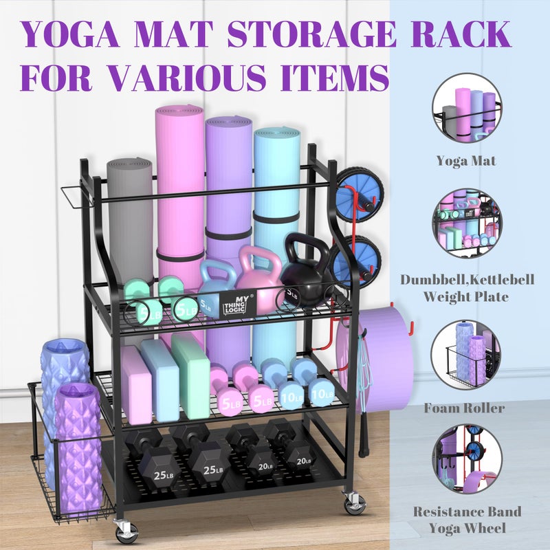 Mythinglogic Yoga Mat Storage Racks for Home, Gym Rack for Dumbbells Kettlebells Foam Roller, Yoga Strap and Resistance Bands, Workout Equipment Organizer With Hooks and Wheels - Image 3