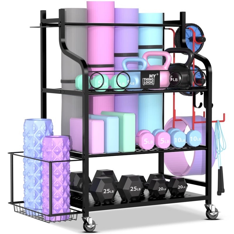 Mythinglogic Yoga Mat Storage Racks for Home, Gym Rack for Dumbbells Kettlebells Foam Roller, Yoga Strap and Resistance Bands, Workout Equipment Organizer With Hooks and Wheels - Image 1