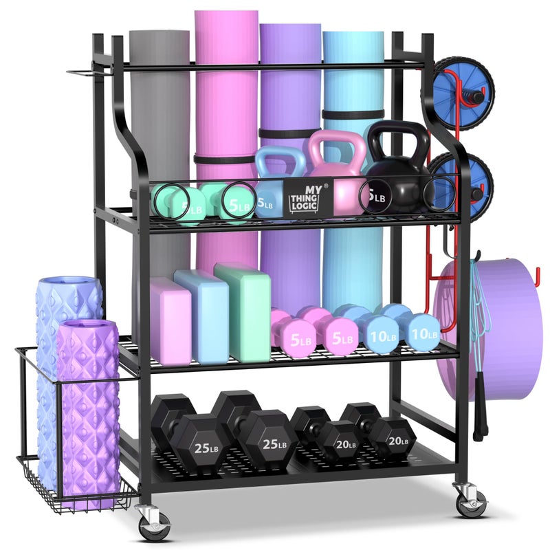 Mythinglogic Yoga Mat Storage Racks for Home, Gym Rack for Dumbbells Kettlebells Foam Roller, Yoga Strap and Resistance Bands, Workout Equipment Organizer With Hooks and Wheels - Image 5