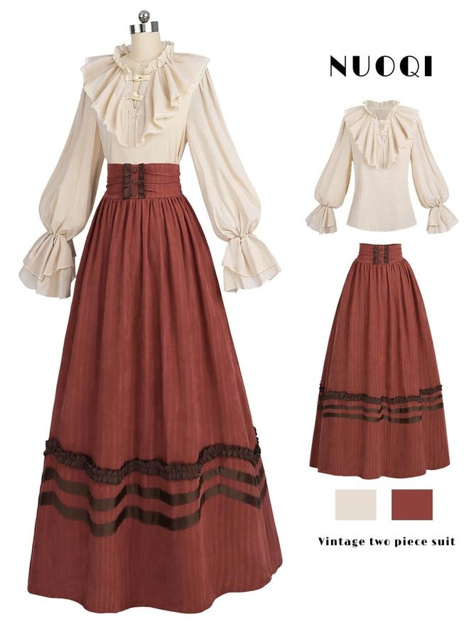 Nuoqi Victorian Dress for Women 1800s Edwardian Costume 2-Piece Renaissance Blouse Skirt Ball Gowns Red M - Image 2