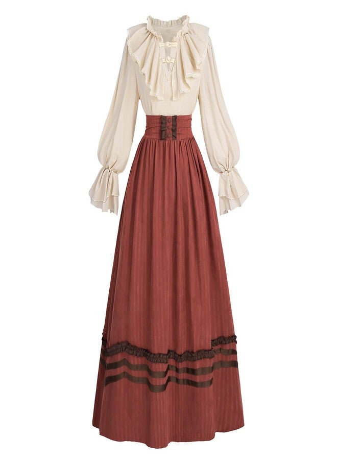 Nuoqi Victorian Dress for Women 1800s Edwardian Costume 2-Piece Renaissance Blouse Skirt Ball Gowns Red M - Image 1