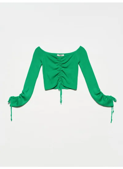 Dilvin 10192 Open Shoulder Drawstring Lace-Up Sweater-Green