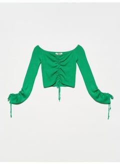 Dilvin 10192 Open Shoulder Drawstring Lace-Up Sweater-Green  - Image 1