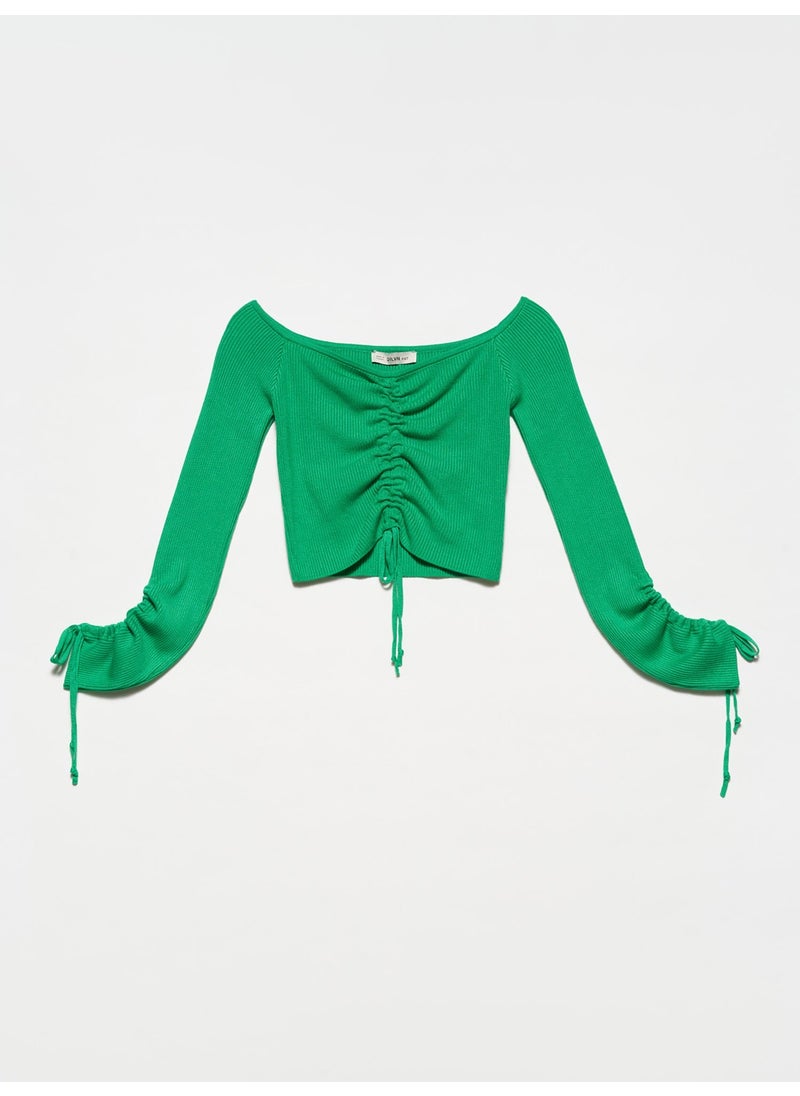 Dilvin 10192 Open Shoulder Drawstring Lace-Up Sweater-Green  - Image 1