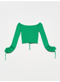 Dilvin 10192 Open Shoulder Drawstring Lace-Up Sweater-Green  - Image 2