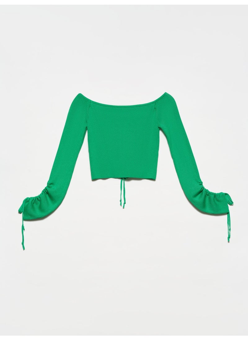 Dilvin 10192 Open Shoulder Drawstring Lace-Up Sweater-Green  - Image 2