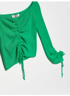 Dilvin 10192 Open Shoulder Drawstring Lace-Up Sweater-Green  - Image 3