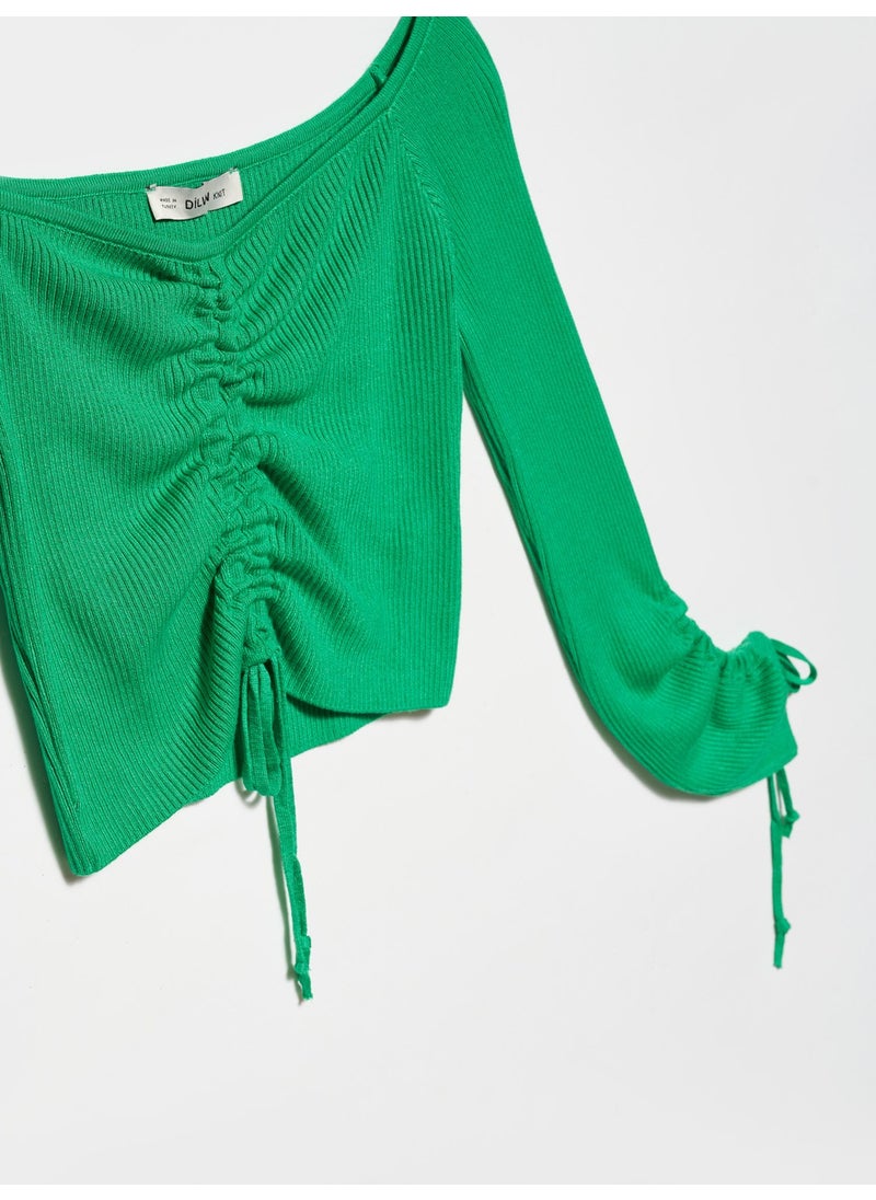 Dilvin 10192 Open Shoulder Drawstring Lace-Up Sweater-Green  - Image 3