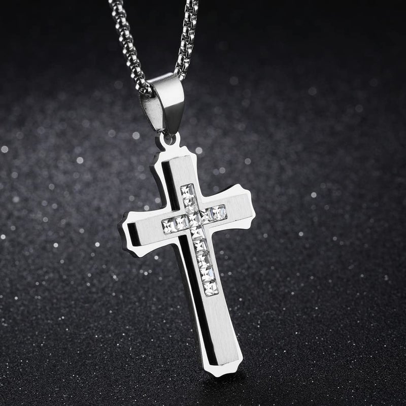 OLEVS Rhinestone Silver Cross Pendant Necklace Metal Womens Cross Pendant for Women Necklace Small Mens Silver Stainless Steel Cross Pendant Necklace for Men Women - Image 2