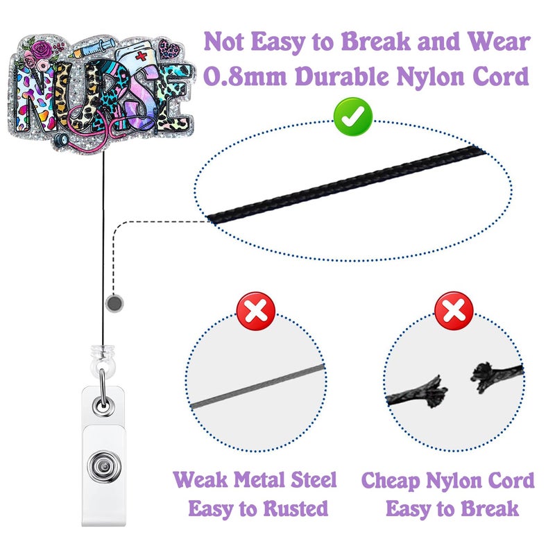 Bydevia Funny Nurse Badge Reel Holder Retractable, Cute Nurses Week Gifts ID Badge Reel with Alligator Clip & 24â€ Durable Nylon Cord for Nurse Nursing School Student RN CNA LPN & Medical Personnel | Acrylic - Image 4