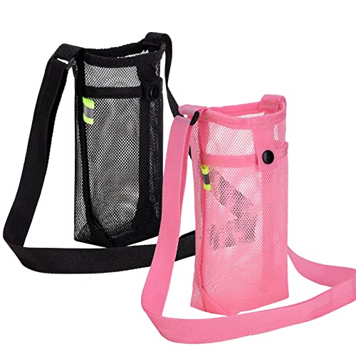 Tainehs Water Bottle Carrier with Adjustable Shoulder Strap - Beach Bag, Dog Sling, Sports Gym Hiking Camping Walking - Black/Pink - Image 1