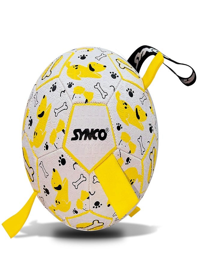 Synco Dog Football Graphic Yellow with Yellow Holding Loops, Durable Rubber Dog Ball Toy for Tug, Fetch & Training, Interactive Pet Play Ball for Small & Medium Dogs, Size 3 - Image 1