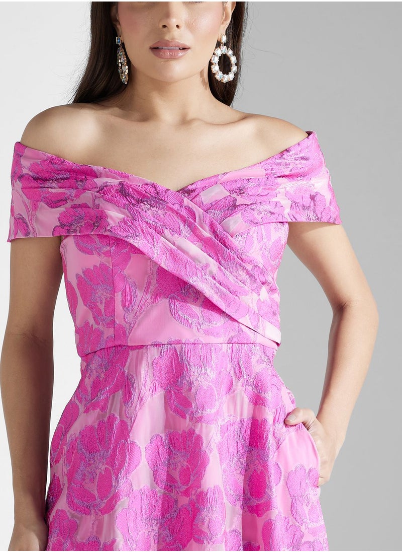 AIDAN MATTOX Off-Shoulder Printed Dress  - Image 3